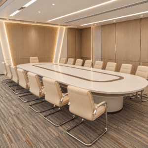 Bàn Họp Cao Cấp Hình Oval – Gỗ Công Nghiệp Phủ Bề Mặt Cao Cấp, Trang Trí Nẹp Mạ PVD